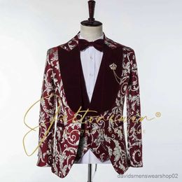 Pakken voor heren Blazers 3-delig Bruidegomkostuums voor bruiloft Mannen pak set 2022 Formeel Luxe Bordeaux Jacquard Terno Masculino Completo Slim Fit Tuxedo