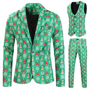 Herenpakken blazers 3 stuks sets mannen vestjassen broek kerst gedrukte mannelijke uitvoeringen sets groen deel coustumes 221201