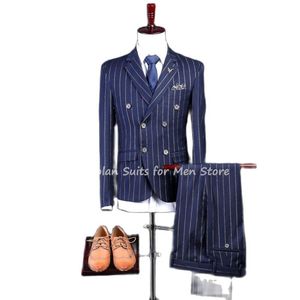 Trajes de hombre Blazers 3 piezas chaqueta de rayas azul marino pantalones chaleco solapa de muesca Blazer pantalones padrino esmoquin hombre boda abrigo chaleco