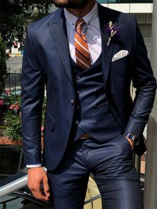Herenpakken Blazers Anniebritney Dark Blue 3 -delige Slim Men Fashion Suit Cutsom Bruidegom bruiloft Tuxedo Prom Wedding Tailor Made Men Suit met broek 230410