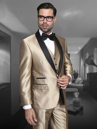 Trajes de hombre Blazers ANNIEBRITNEY Gold Satin Men 3 piezas Novio Traje de boda Moda Lujo Prom Formal Tailor Made Tuxedo 230715