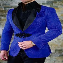 Trajes de hombre Blazers ANNIEBRITNEY traje azul real para hombre esmoquin ajustado conjunto de novio chaqueta para fiesta de boda con nudo chino negro 339B