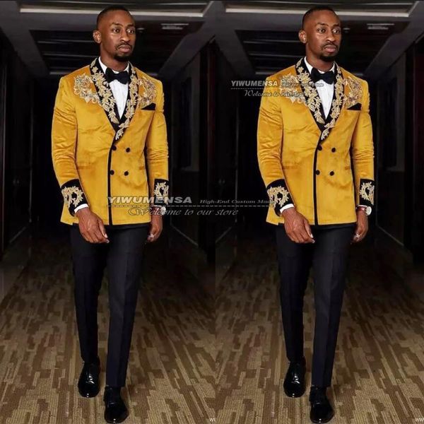 Costumes pour hommes Blazers Arabe Africain Mariage Smoking Or Velours Veste Avec Appliques Blazer Pantalon 2 Pièces Ensemble Hommes Mariage Sur Mesure