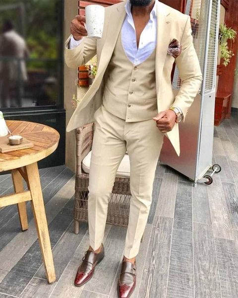 Trajes de hombre Blazers Llegada por encargo Slim Fit Beige Blazer Hombres para boda Solapa con muesca Novio Desgaste Hombre Esmoquin 3 piezas Chaqueta Chaleco PantsMe