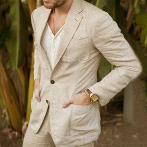 Trajes para hombres Blazers Llegaron Chaqueta de traje de negocios Blazer de verano y primavera Abrigo de lino de algodón transpirable con dos partes inferiores 1 pieza solo 230426