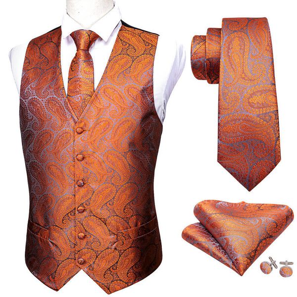 Trajes de hombre Blazers Barry.Wang Moda Hombre Traje Chaleco Naranja Paisley Chaleco de seda Cuello a medida Cuello en V Conjunto de corbata a cuadros Ocio formal M 2042 230609