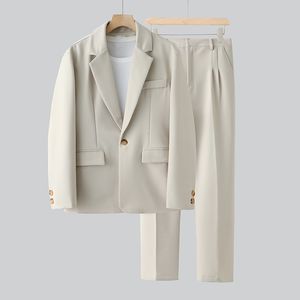 Hommes costumes Blazers Beige mode société robe coréenne lâche jolie pochette pantalon deux pièces ensemble s bureau formel M 3XL 230506