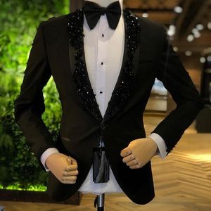 Herenpakken Blazers Black Beads Mannen Suite Piece Blazer Sjaal Revers Kostuum Homme Wedding Masculino Terno Tuxedo Slim Fit Groom Pro