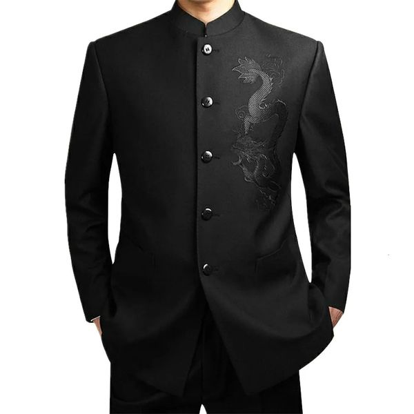 Costumes pour hommes Blazers Noir Chinois Robe Costume Hommes Traditionnel Col Montant Apec Leader Vêtements Mâle Broderie Dragon Totem Tang 231212