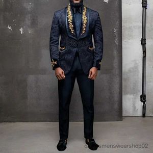 Herenpakken Blazers Black Floral Men Suits met knoppen sjaal reversjas met broek 2 -delige bruiloft bruidegom Tuxedo (blazer + broek) 2024