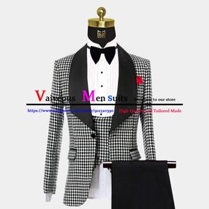 Costumes Hommes Blazers Noir Pied De Poule Hommes Slim Mariage Groom Wear Tuxedo 3 Pièce Bureau D'affaires Veste Gilet Pantalon Fumer Hombre Blazer S