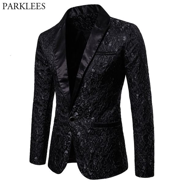 Costumes pour hommes Blazers Noir Jacquard Bronzant Floral Blazer Hommes De Luxe Marque Unique Bouton Costume Veste Hommes De Noce Scène Costume Homme 2XL 230329