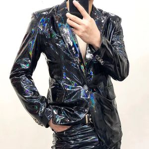 Costumes pour hommes Blazers Noir Miroir Magique Blazer En Cuir Brillant Hommes Plus Performance Costume Veste Laque Douce Personnalisé Discothèque 230206