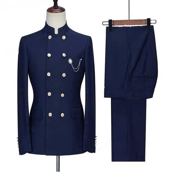 Costumes pour hommes Blazers Noir Bleu marine Dernières conceptions de pantalons de manteau Hommes Col montant Costume de bal / Costume Homme Slim Fit 2 pièces Smoking de mariage Homme