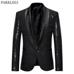 Herenpakken blazers zwart pailletten één knop sjaalkraagpak jas mannen bling glitter nachtclub prom dj blazer jas mannen podium kleding voor zangers 230512