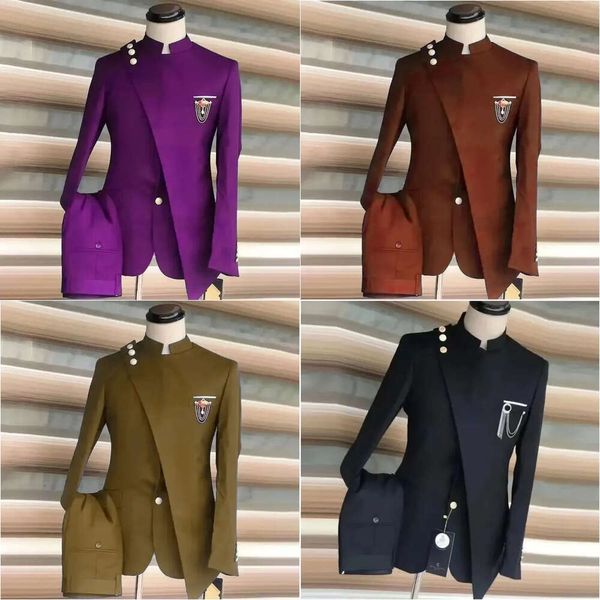 Costumes masculins Blazers Black Stand Collar Men 2 PCS MARIAGE PARTI GROM SAFARI Costume Homme Gold Button Slim Fit Business Dernier design 230809 30809