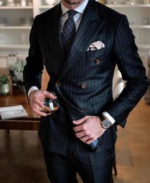 Herenpakken Blazers Black Stripe Men Suits Double Breasted Blazer Nieuwste jas Pant Designs Slim Fit 2 -stuk Tuxedos Custom Made Groom Prom Ternos 230307