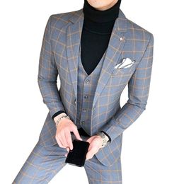 Herenpakken Blazers Blazer en Vest en Pants / Boutique Fashion Plaid Men's Casual Business Suit 3pcs Set Bruidegom trouwjurk Prestaties kostuum 230227