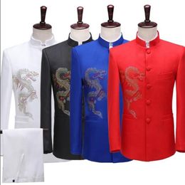 Costumes pour hommes Blazers Blazer Hommes Chinois Tunique Costume Ensemble avec pantalon Hommes Broderie Dragon Costume Chanteur Star Stage Vêtements 339M