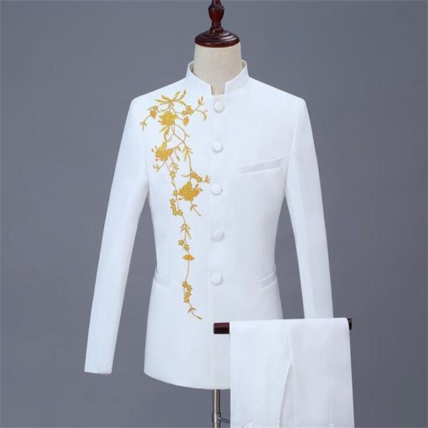 Costumes pour hommes Blazers Blazer hommes broderie robe formelle dernières conceptions de pantalon de manteau costume de mariage Terno Masculino pantalon de mariage blanc