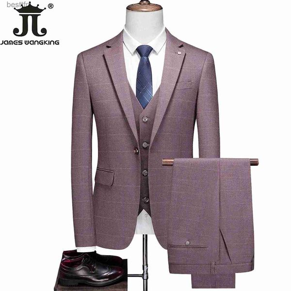 Costumes pour hommes Blazers (Blazer + Gilet + Pantalon) Marque haut de gamme Costume à carreaux pour hommes d'affaires formel Ensemble 3 pièces Robe de mariée pour marié Costume d'hôte de fêteL231130