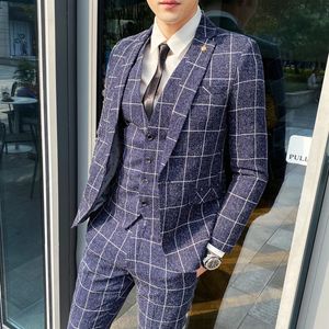 Herenpakken Blazers Blazer Vest Broek Gestreepte Plaid Heren Formeel Zakelijk Kantoorpak Bruidegom Trouwjurk Feest Podiumgastheer Mannen Koreaans Slanke Pak Smoking 231117