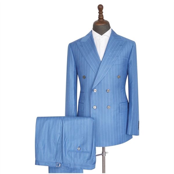 Costumes pour hommes Blazers Bleu Hommes Revers Costumes à rayures Custom Made Double Breasted Marié Mariage Porter 2 Pièces Slim Fit SetJacketPants 220909