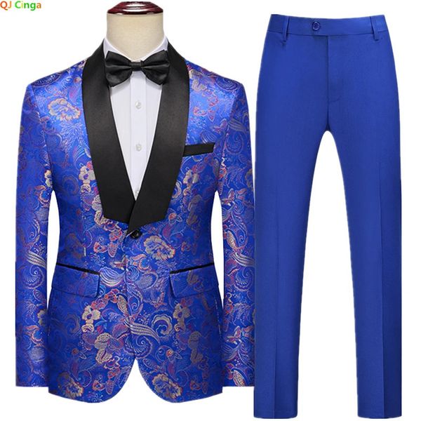 Costumes pour hommes Blazers Bleu Slim Costume Deux pièces Jacquard Tissu Robe Veste et Pantalon Rouge Vert Jaune Blazer Pantalon M 4XL 5XL 6XL Ensembles masculins 231114