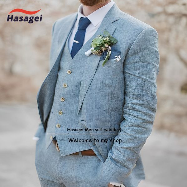 Costumes pour hommes Blazers Costume bleu pour hommes Lin d'été 3 pièces Veste Pantalon et gilet Mariage Marié Tuxedo Tenue formelle Personnalisation 230909