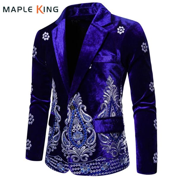 Trajes para hombres Blazers Blazer floral de terciopelo azul para hombre Bordado de hilo plateado de lujo Trajes de boda de un solo botón para hombres Veste social Mariage Homme 230824