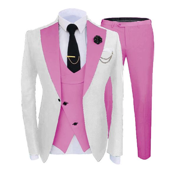 Trajes de hombre Blazers Brand New White Groom Tuxedos Pink Notch Lapel Padrinos de boda para hombre Vestido de novia Estilo Hombre Chaqueta Blazer 3 piezas Traje Pantalones Chaleco Corbata 883