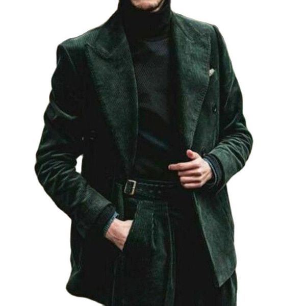 Costumes pour hommes Blazers Style britannique Velours côtelé vert Revers en pointe Double boutonnage Sur mesure 2 pièces Tuxedos de mariage Slim Fit Business Forma