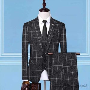 Herenpakken blazers Brits stijl mannen plaid vest blazer broek 3 stuks set / mannelijke mode high -end slanke bruiloft banket zakelijke pak jas jas