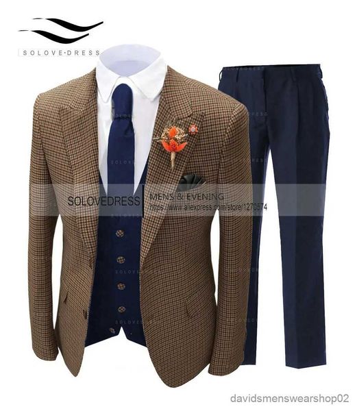 Costumes pour hommes Blazers Brown Hommes Costume Veste Casual Trendy Hommes Costume Manteau Blazer Pantalon 2 Pièces Slim Fit Masculino British Hombre Mode Peak Collar