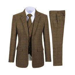 Herenpakken Blazers Brown Men Pakken Plaid Tweed For Man Three Pieces Vintage Rapel Tuxedos Groomsmen Winter Wedding Blazervestpants 221201