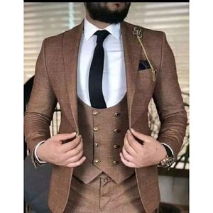 Trajes De Hombre Blazers Brown Smoking Business Men Smart Casual Jacket + Chaleco De Doble Botonadura + Pantalones Conjunto De 3 Piezas Oficinista Traje De Hombre 2