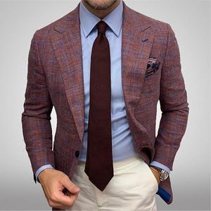 Costumes pour hommes Blazers Bordeaux Veste Plaid Revers Cou Blazer Homme Haut de Gamme Vestes Sur Mesure Pour Garçons D'honneur Slim Fit Hommes Vêtements Ensemble