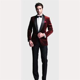 Ternos masculinos Blazers Borgonha Veludo Slim Fit 2021 Noivo Smoking Homens Casamento Homens Padrinhos Feitos Sob Medida Terno de Baile Preto Calça 350J