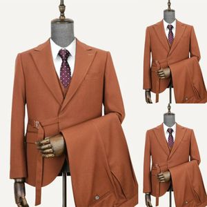 Herenpakken Blazers Business Mannen Jassen Man Blazer Coral Red Pure Color met Riem Prom Tuxedos Formal Tailored 2 Pieces Groom Groomsman