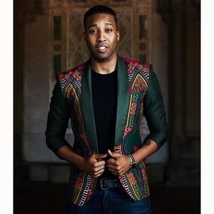 Herenpakken blazers casual afrikaanse etnische afdrukken stiksels mannen blazer groen slim fit jas voor zomer mode pak mannelijke jas