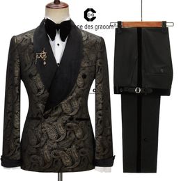 Herenkostuums Blazers Cenne Des Graoom 2023 Elegant pak voor bruiloft Smoking Double Breasted Zwart Paisley jasje Fluwelen reversbroek 2-delige set 231215