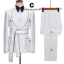 Costumes pour hommes Blazers Cenne Des Graoom 2023 Mariage pour hommes Blanc Jacquard Double boutonnage Châle Revers Veste de smoking 2 pièces avec ceinture 230625