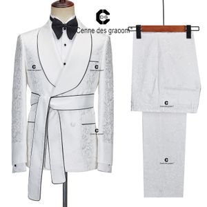 Herenpakken Blazers Cenne Des Graoom 2023 Bruiloft voor mannen Witte jacquard Double Breasted Sjaal Revers Tuxedo Jacket 2 stuks met riem