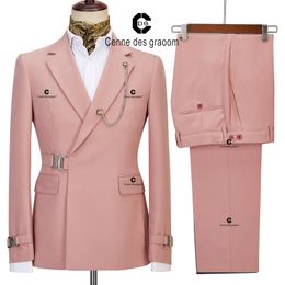Herenpakken blazers cenne des graoom jas ontwerp dapper stijl metalen zijde release spit roze mannen pakken 2 stuks set diner bruiloftsfeest 230313