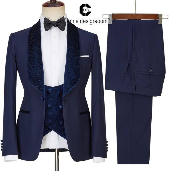 Costumes pour hommes Blazers Cenne des Graoom Design Bleu Marine Brillant Velours Revers Pour Hommes Cadeau De Mariage Blazer Gilet Pantalon 3 Pièces Ensemble 221121