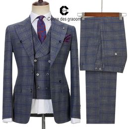 Costumes pour hommes Blazers Cenne des Graoom Mens Smart Grey 3 pièces Ensemble Slim Fit Costumes à carreaux simple boutonnage pour fête formelle réunion banquet 230227