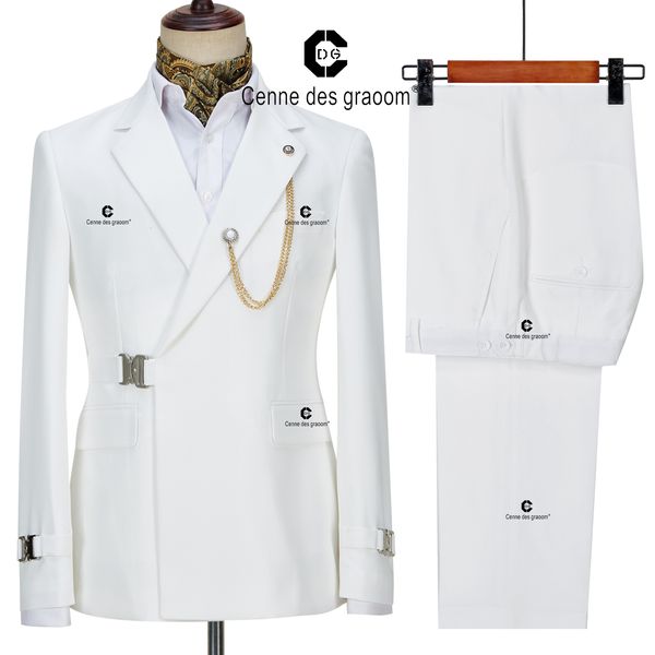 Costumes pour hommes Blazers Cenne Des Graoom été blanc Blazer veste pantalon ensemble pour hommes métal côté libération boucle mariage fête robe de bal 230609