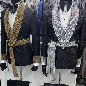 Herenpakken blazers charmante heren aangepast nieuwste ontwerper sparkly jas zwarte broek 2 bruidegom tuxedso trouwjurken trajes de hombre q240507