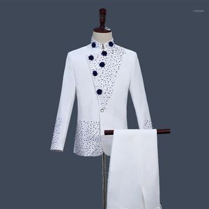 Trajes de hombre Blazers Traje de túnica china Estilo retro Blanco con chaqueta de diamantes de imitación azul Pantalones rectos Conjunto de 2 piezas Stand Col233z