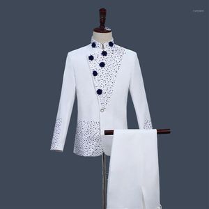 Herenpakken blazers Chinese tuniekpak retro stijl wit met blauwe steentjes jas rechte broek 2 stuks set stand col327b